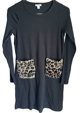 Crewcuts Black Ribbed Dress Leopard Print Faux-Fur Pockets Size 12
